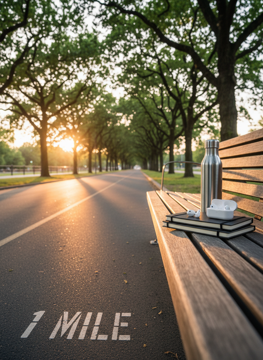 A long, tree-lined urban path stretches into the distance, the smooth asphalt marked with a clear white mile marker reading "1" at the foreground edge. On one side of the path, a park bench holds a neatly arranged stack of slim coaching notebooks, a stainless steel water bottle, and wireless earbuds in an open case. Late-afternoon golden hour light filters through the leaves, creating dappled patterns across the path and bench, with warm highlights along metallic surfaces. Captured from a low, forward-facing perspective at ground level, the composition emphasizes forward motion and possibility, with crisp focus in the foreground and a gradually softening background. The photographic style is clean, modern, and subtly motivational, evoking purposeful movement and reflection.