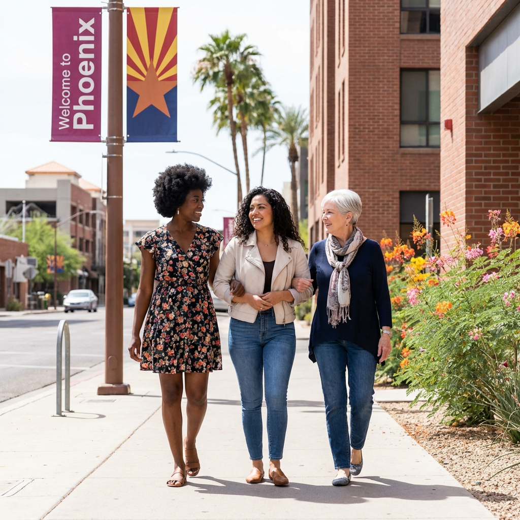 Three women walking on a Phoenix sidewalk past a "Welcome to Phoenix" banner and Arizona flag.