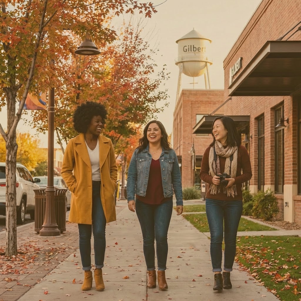 Three women laughing and walking together on a sidewalk in downtown Gilbert during autumn.