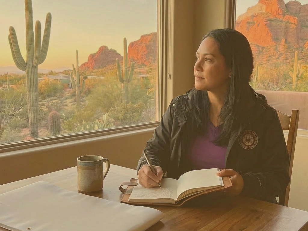 Woman journaling next to a banner reading FORWARD TOGETHER EMPOWER & SUPPORT with desert views.