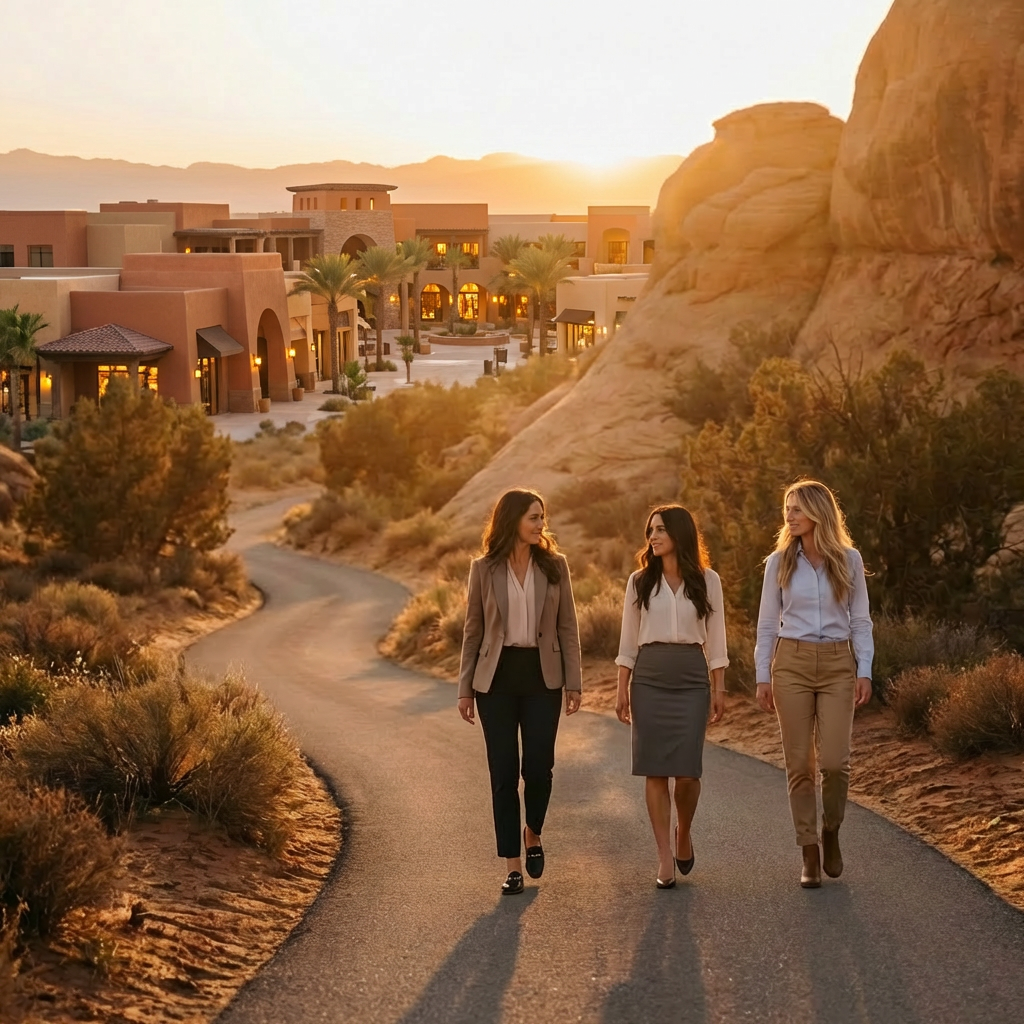 Three women in hats walk along a trail through a golden desert landscape at sunset.