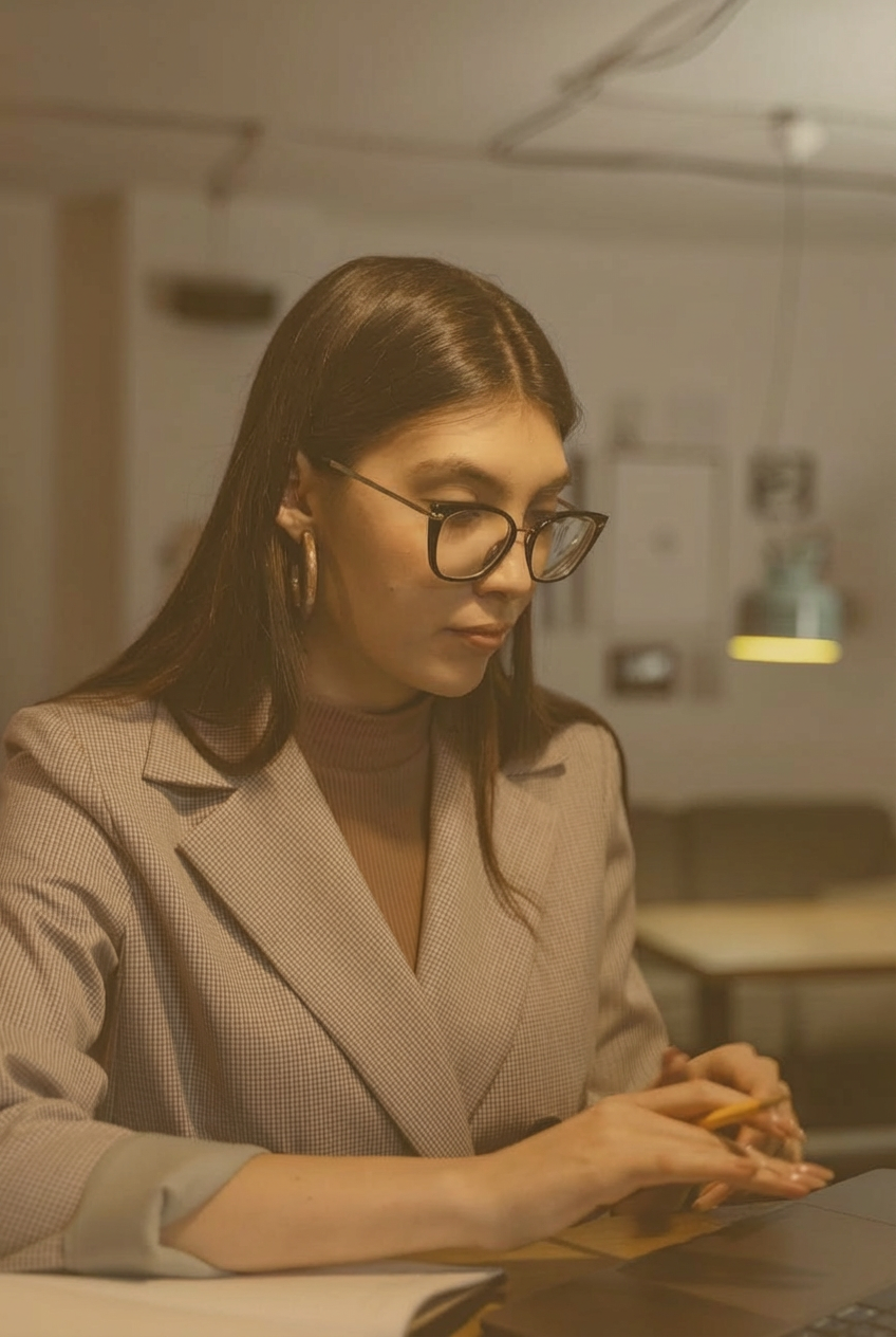 a woman in gray suit wearing eyeglasses