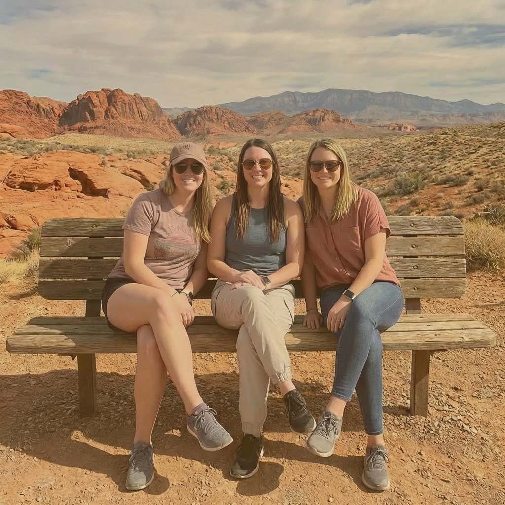 Friends exploring scenic Arizona desert landscapes Three women sitting on a bench with an Arizona state graphic overlay in a desert.