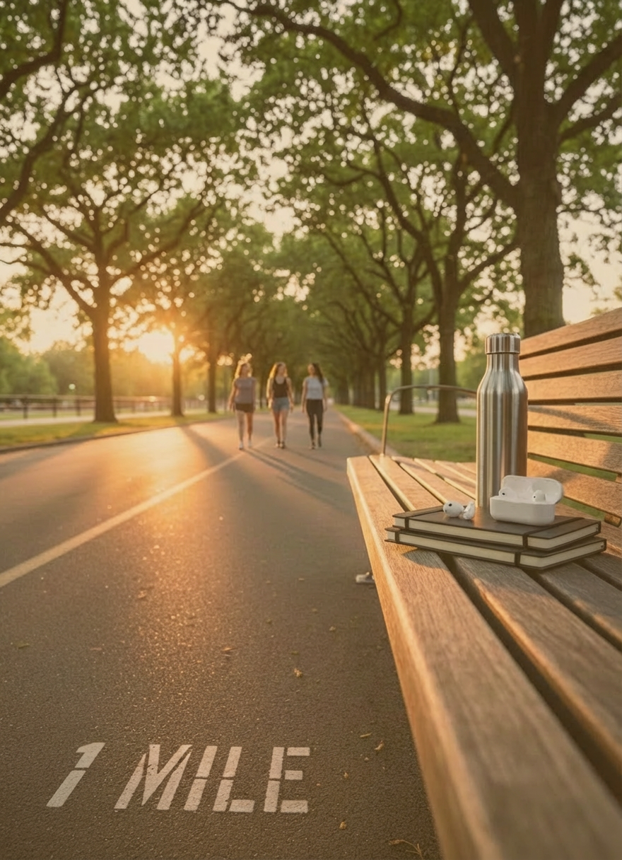 networking A long, tree-lined urban path stretches into the distance, the smooth asphalt marked with a clear white mile marker reading "1" at the foreground edge. On one side of the path, a park bench holds a neatly arranged stack of slim coaching notebooks, a stainless steel water bottle, and wireless earbuds in an open case. Late-afternoon golden hour light filters through the leaves, creating dappled patterns across the path and bench, with warm highlights along metallic surfaces. Captured from a low, forward-facing perspective at ground level, the composition emphasizes forward motion and possibility, with crisp focus in the foreground and a gradually softening background. The photographic style is clean, modern, and subtly motivational, evoking purposeful movement and reflection.