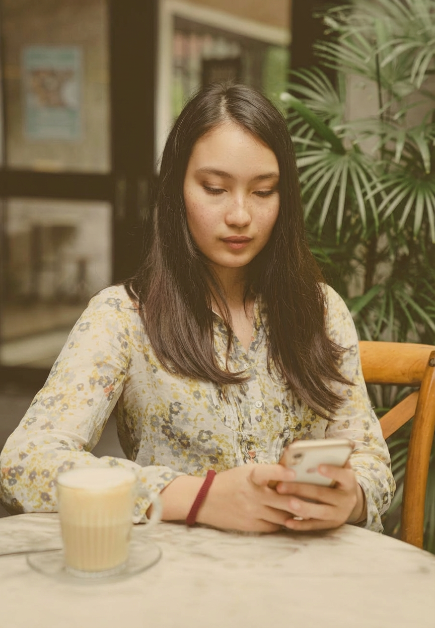young attentive asian woman messaging on mobile phone in street cafe